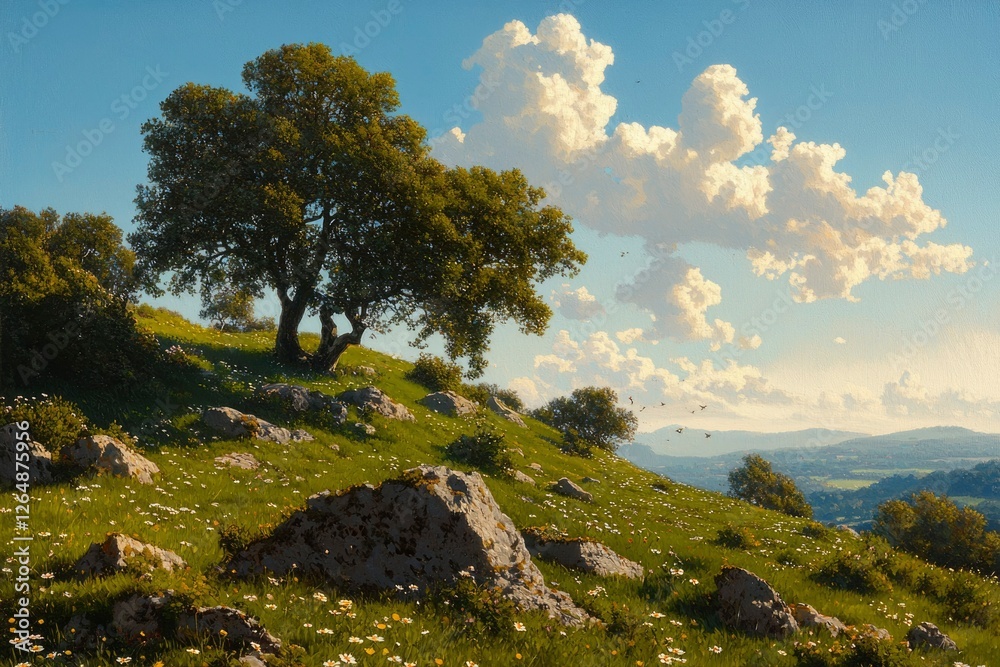 Scenic hilltop meadow with trees, flowers and rocks under a blue sky, idyllic view Scenic hilltop meadow with trees, flowers and rocks under a blue sky, idyllic view