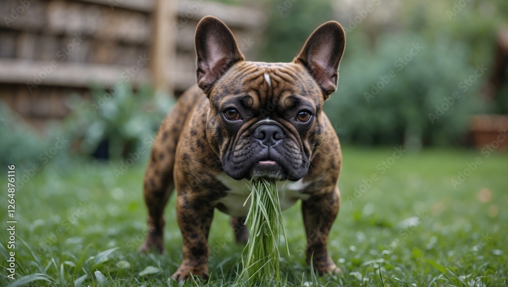 Fototapeta premium French Bulldog with brindle coat standing in grass holding a piece of grass in its mouth, outdoor garden setting, Copy Space
