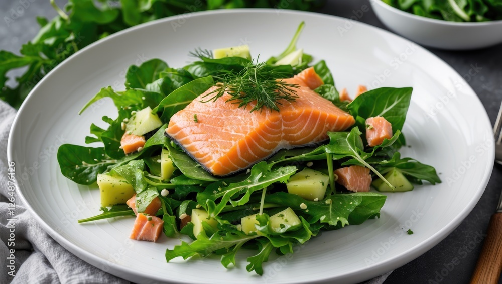 Fresh salmon fillet on a bed of mixed greens and diced apples with dill garnish on a white plate with copy space for text Fresh salmon fillet on a bed of mixed greens and diced apples with dill garnish on a white plate with copy space for text