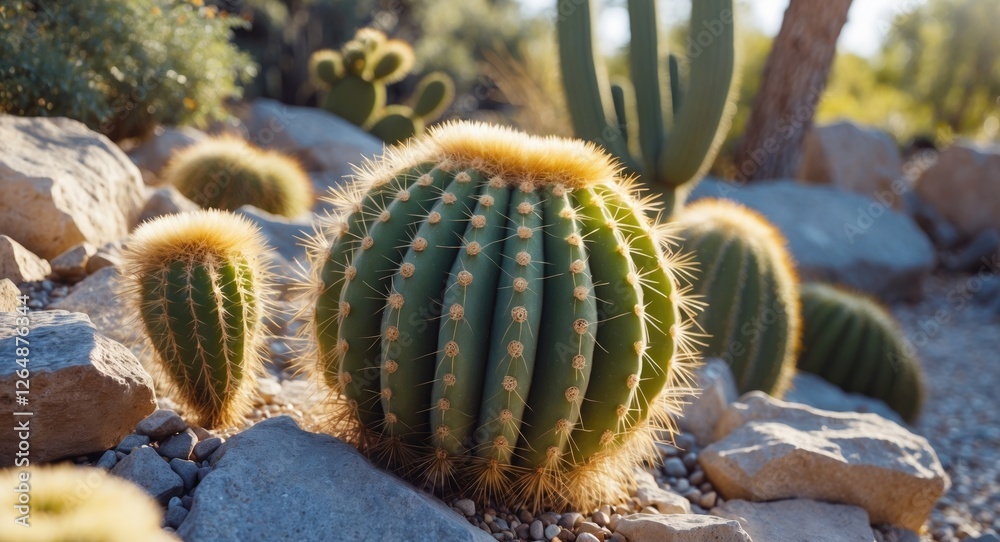 Cactus plants with spines and round shape growing among rocks in a desert environment with soft natural lighting and clear skies Copy Space