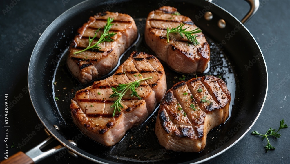 Grilled meat steaks with herbs in a frying pan on a dark surface Copy Space Grilled meat steaks with herbs in a frying pan on a dark surface Copy Space