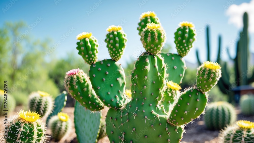 Cactus plants with vibrant yellow flowers in a desert landscape under clear blue sky with natural light and shadows Copy Space Cactus plants with vibrant yellow flowers in a desert landscape under clear blue sky with natural light and shadows Copy Space