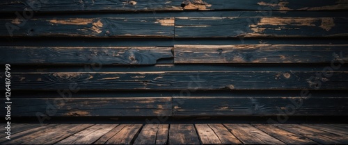 Dark weathered wooden wall with rustic planks and floor, ideal for backgrounds and displays, Copy Space photo