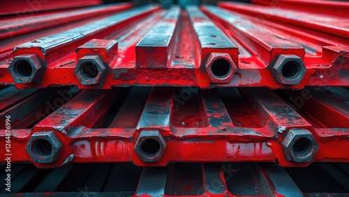 Close-up of stacked metal beams with hexagonal bolt openings in a rusty red finish and industrial texture Copy Space photo