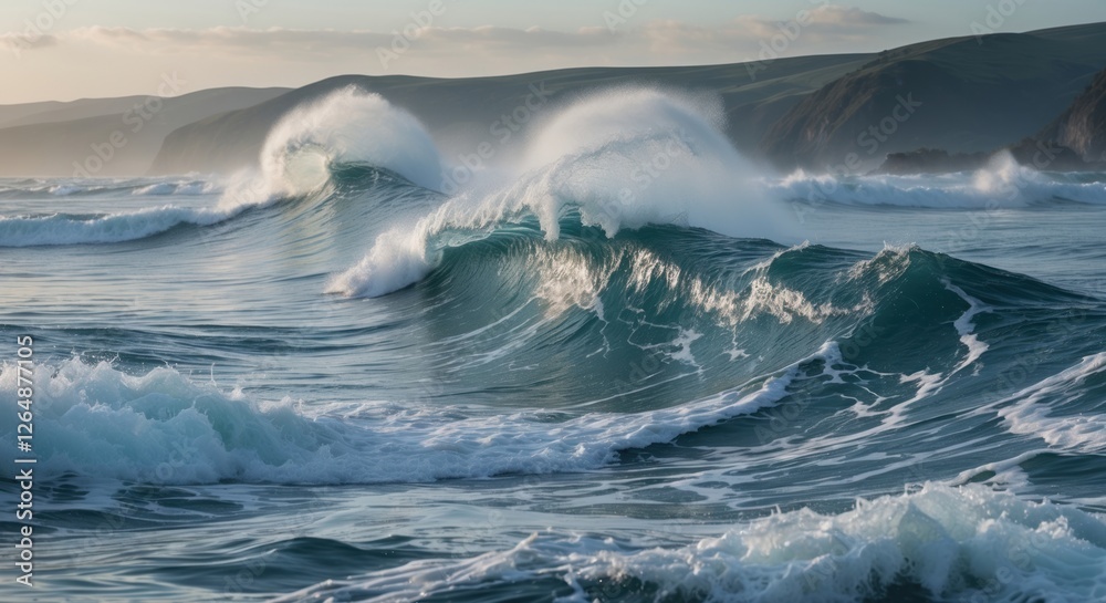 Ocean waves crashing on the shore at sunset with mist and foam in a scenic coastal landscape. Copy Space Ocean waves crashing on the shore at sunset with mist and foam in a scenic coastal landscape. Copy Space