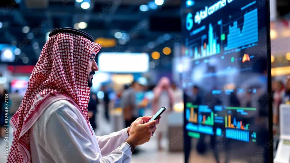 Arab businessman checking digital commerce data at a tech exhibition