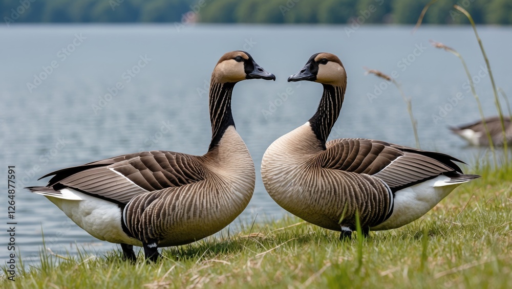 Two adult geese standing close together by a lake with green grass in foreground Copy Space Two adult geese standing close together by a lake with green grass in foreground Copy Space