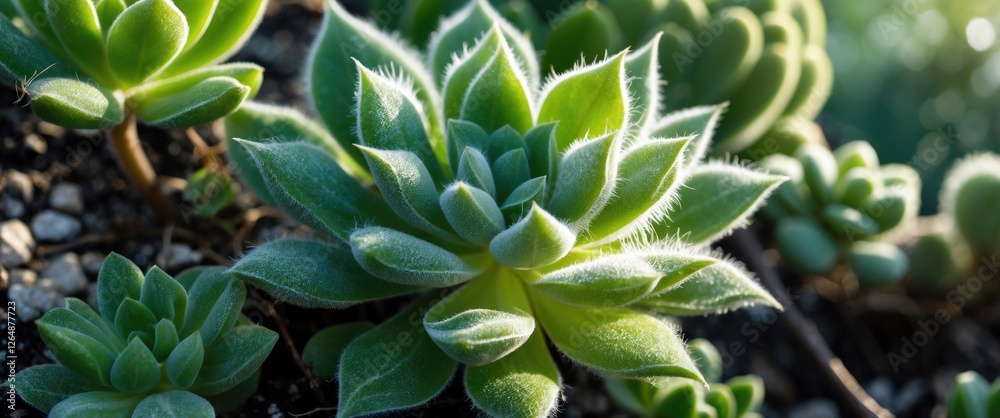 Succulent plants growing in natural sunlight with blurred background featuring green foliage and gravel soil Copy Space