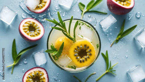 Fresh passion fruit cocktail with ice cubes and herbs on blue background top view Copy Space photo