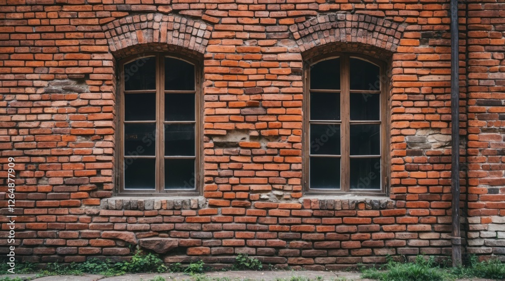 Brick wall with two arched windows in an old building showing weathered texture and green grass in front Copy Space Brick wall with two arched windows in an old building showing weathered texture and green grass in front Copy Space