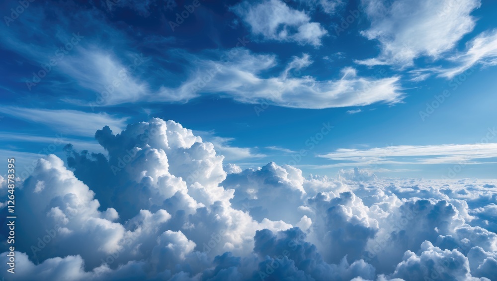 Vast blue sky filled with fluffy white clouds under soft sunlight high above the Earth Copy Space Vast blue sky filled with fluffy white clouds under soft sunlight high above the Earth Copy Space