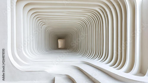 White architectural tunnel receding; light at end; modern design; background blur