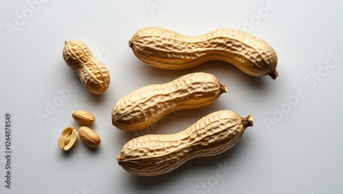 Fresh unshelled and shelled peanuts arranged on a light background with ample copy space for text insertion