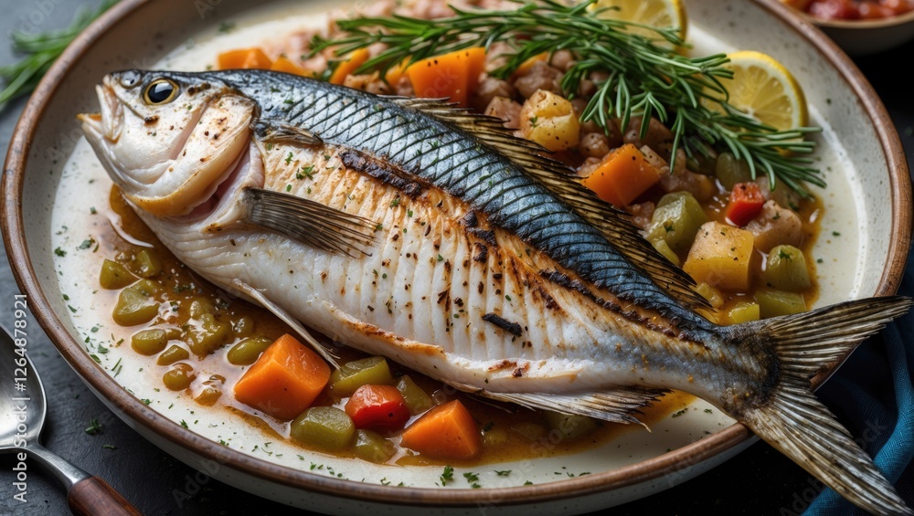 Grilled fish served on a plate with vegetables and herbs garnished with rosemary and lemon slices Copy Space Grilled fish served on a plate with vegetables and herbs garnished with rosemary and lemon slices Copy Space