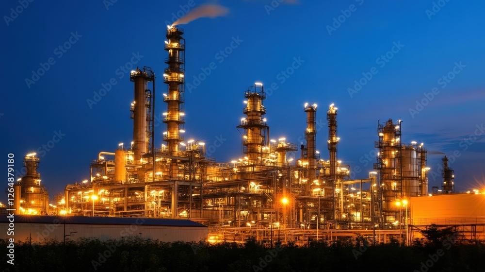A large-scale chemical plant at night, with bright lights illuminating the machinery and tall smokestacks A large-scale chemical plant at night, with bright lights illuminating the machinery and tall smokestacks