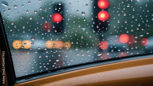 Rain droplets on car window with blurred traffic lights in the background creating an urban rainy day atmosphere. Copy Space photo