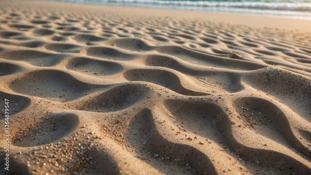 Sand patterns on a beach with gentle waves in the background during golden hour light natural texture and warm tones Copy Space Sand patterns on a beach with gentle waves in the background during golden hour light natural texture and warm tones Copy Space