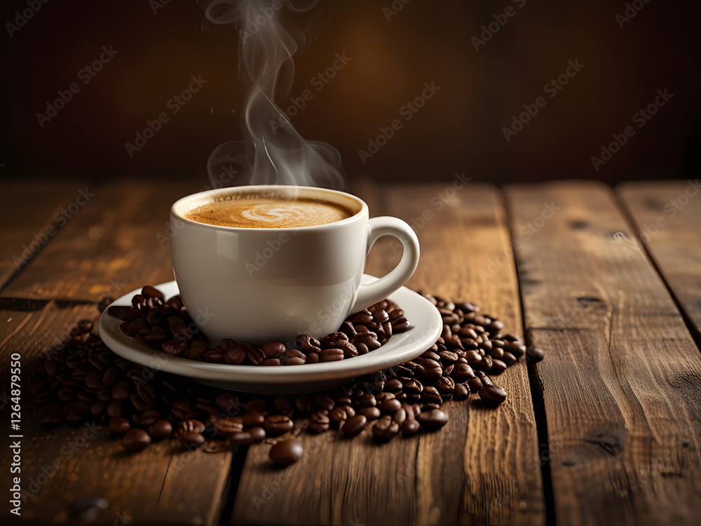 Create a warm and inviting image of a steaming hot cup of coffee situated on a rustic wooden table, surrounded by a few scattered coffee beans and a subtle drizzle of coffee grounds, with a soft, gold Create a warm and inviting image of a steaming hot cup of coffee situated on a rustic wooden table, surrounded by a few scattered coffee beans and a subtle drizzle of coffee grounds, with a soft, gold