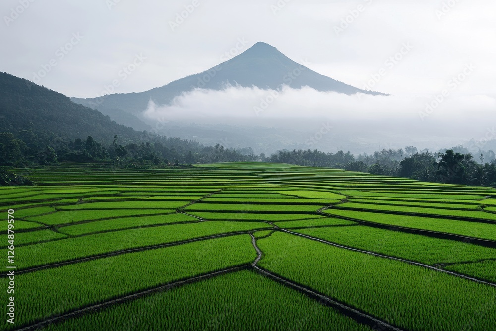 Obraz premium Lush verdant organic rice paddies stretching across a rolling terraced landscape with a misty ethereal mountain backdrop in a serene picturesque rural setting