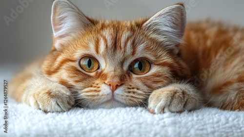 Close-up of a Relaxed Ginger Cat with Bright Green Eyes. Generative AI photo