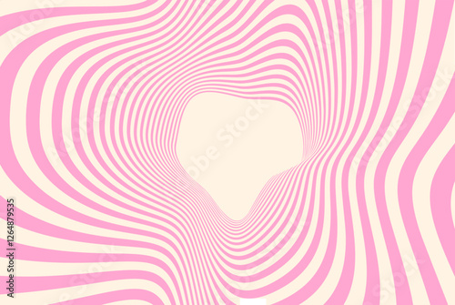 Abstract optical illusion background with pink and beige wavy lines creating a distorted tunnel effect. Psychedelic pattern with curved stripes and hypnotic movement for modern graphic design.