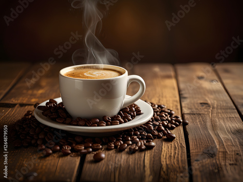 Create a warm and inviting image of a steaming hot cup of coffee situated on a rustic wooden table, surrounded by a few scattered coffee beans and a subtle drizzle of coffee grounds, with a soft, gold