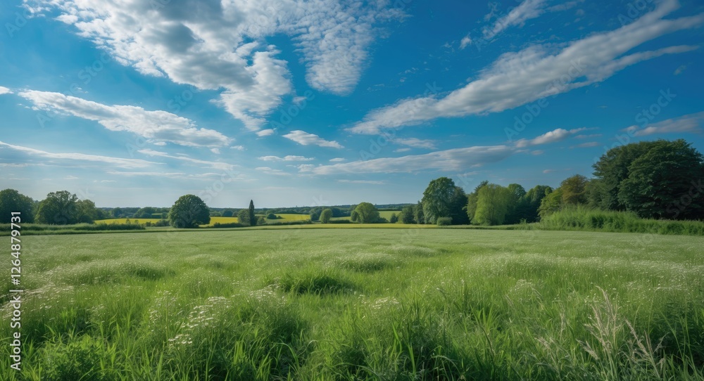 Lush green meadow under a blue sky with scattered clouds, featuring trees and distant fields, ideal for nature-related topics, Copy Space. Lush green meadow under a blue sky with scattered clouds, featuring trees and distant fields, ideal for nature-related topics, Copy Space.