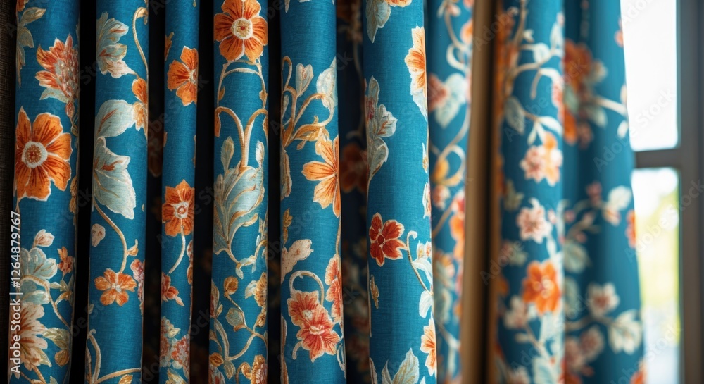 Floral patterned curtains in vibrant blue and orange hues hanging gracefully by a window with soft natural lighting Copy Space Floral patterned curtains in vibrant blue and orange hues hanging gracefully by a window with soft natural lighting Copy Space