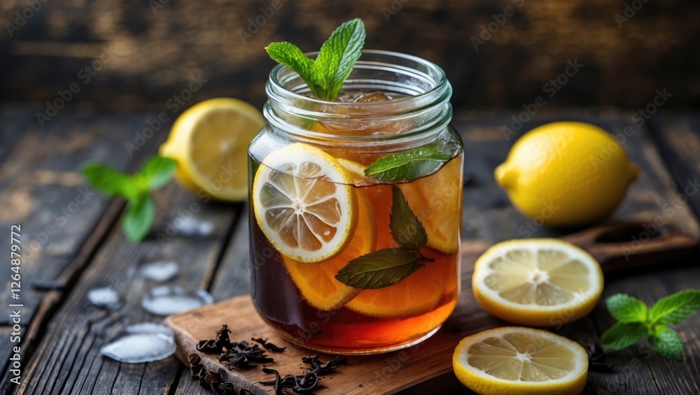Freshly brewed iced tea with lemon slices and mint leaves in a glass jar on a wooden table with lemon halves and ice cubes nearby Copy Space Freshly brewed iced tea with lemon slices and mint leaves in a glass jar on a wooden table with lemon halves and ice cubes nearby Copy Space