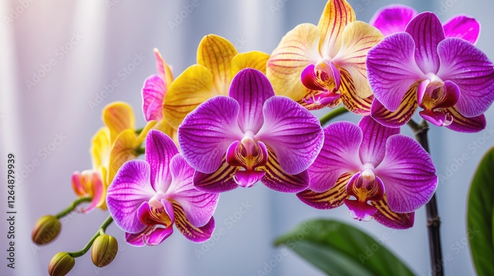 Fototapeta premium Vibrant orchid flowers in purple and yellow hues with green leaves against a blurred background Copy Space