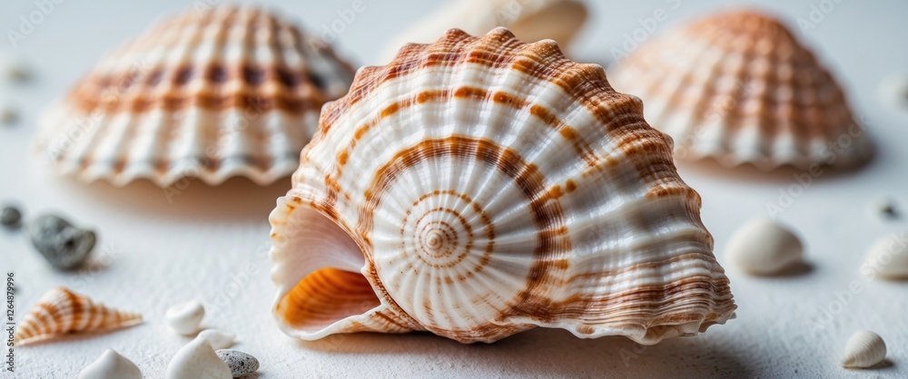Obraz premium Close-up of decorative sea shells with intricate patterns and textures on a light background with small pebbles and sand Copy Space