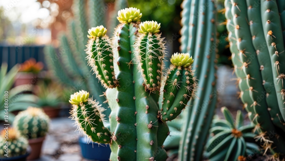 Cactus plant with multiple arms and green spines in a garden setting with blurred background featuring various other succulents and pots Cactus plant with multiple arms and green spines in a garden setting with blurred background featuring various other succulents and pots