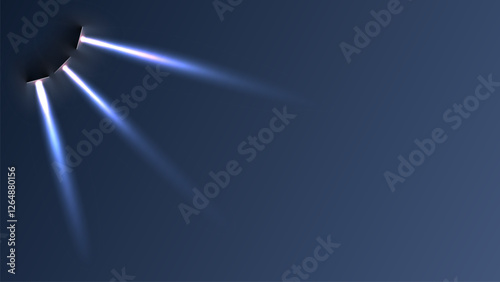 Dark blue empty background with realistic stage spotlights and bright beams of light. Vector Illustration
