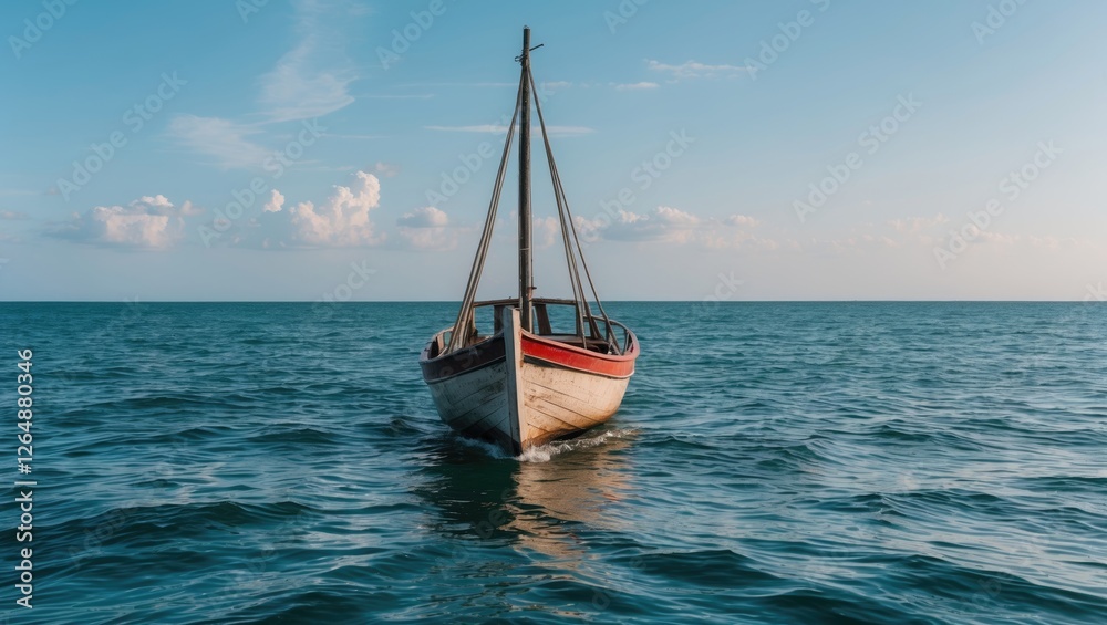 Fototapeta premium Fishing boat sailing on calm ocean waters under clear blue sky with soft clouds and natural lighting Copy Space