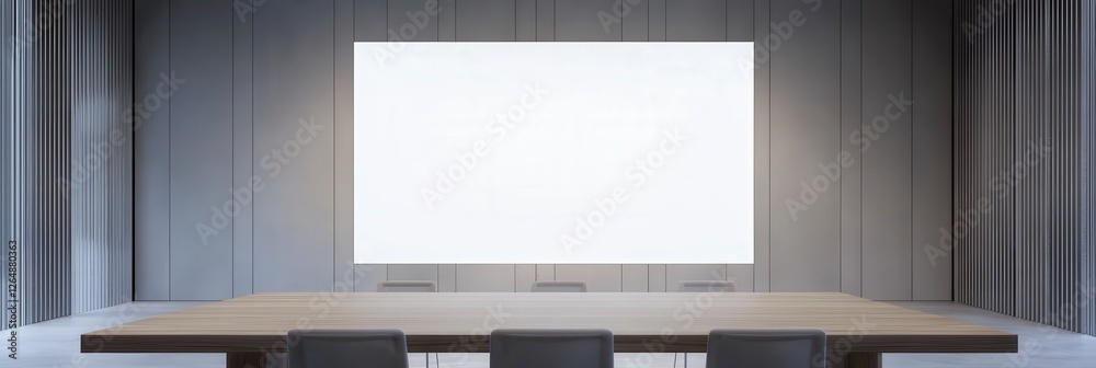 A conference space characterized by a large display board and a spacious wooden table surrounded by modern chairs, offering a suitable environment for successful meetings. A conference space characterized by a large display board and a spacious wooden table surrounded by modern chairs, offering a suitable environment for successful meetings.