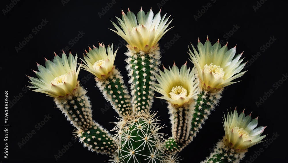 Cactus with multiple yellow flowers against black background showcasing vibrant floral details and sharp spines Copy Space