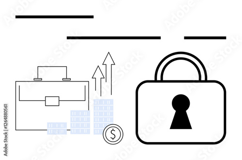 Business briefcase, stacked coins, upward arrows, and prominent padlock. Ideal for finance, security, investment, data protection growth business planning and wealth management. Line metaphor