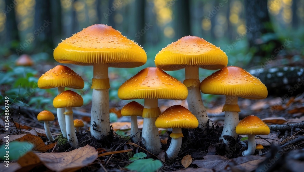 Vibrant group of yellow mushrooms growing in a forest setting with blurred trees in the background and leaves on the ground Copy Space Vibrant group of yellow mushrooms growing in a forest setting with blurred trees in the background and leaves on the ground Copy Space