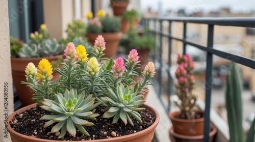 Colorful succulents in terracotta pots on a balcony with a city view featuring vibrant yellow and pink flowers and green foliage Copy Space