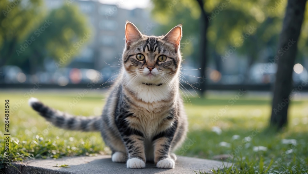 Grey and brown striped cat sitting on a stone in a park with green grass and trees in the background Copy Space Grey and brown striped cat sitting on a stone in a park with green grass and trees in the background Copy Space