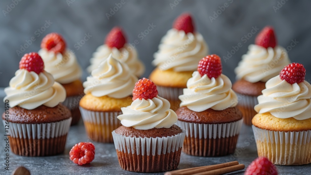 Cupcakes with Vanilla Frosting and Raspberries on Top on Gray Background with Copy Space