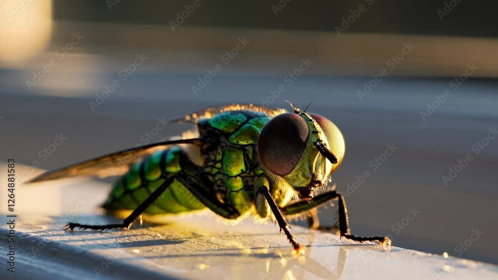 Close-up view of a vibrant green fly resting in natural light during early morning hours