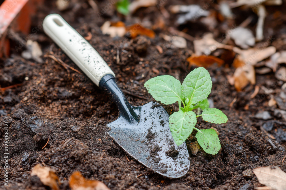 A close-up of a gardening scene featuring a small green plant and a hand shovel in fresh soil, garden trowel A close-up of a gardening scene featuring a small green plant and a hand shovel in fresh soil, garden trowel