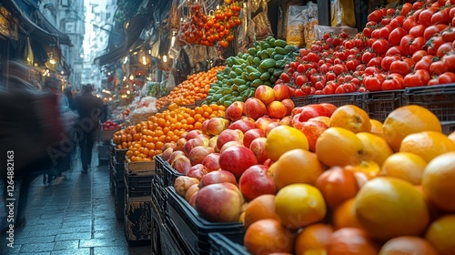 Colorful Fruit Market Stalls with Fresh Produce. Generative AI photo