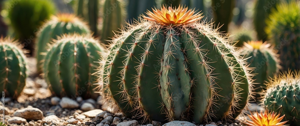 Cactus with vibrant flowers surrounded by other cacti in arid landscape with rocks and sunlight Copy Space