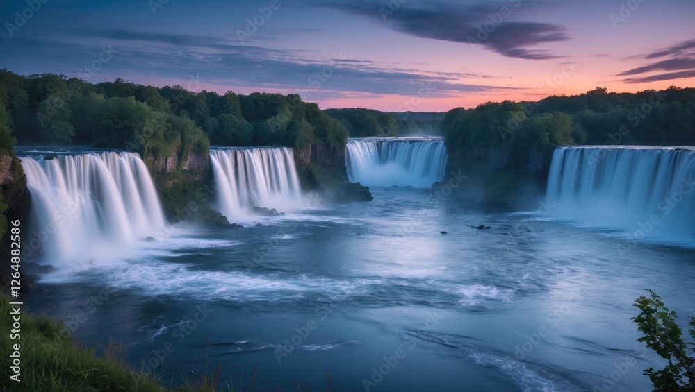 Fototapeta premium Waterfall Landscape at Dusk with Mist and Soft Colors Overlooking Calm River and Surrounding Greenery, Copy Space