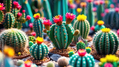 Colorful variety of blooming cacti in pots with vibrant flowers on top in a garden setting with blurred background Copy Space