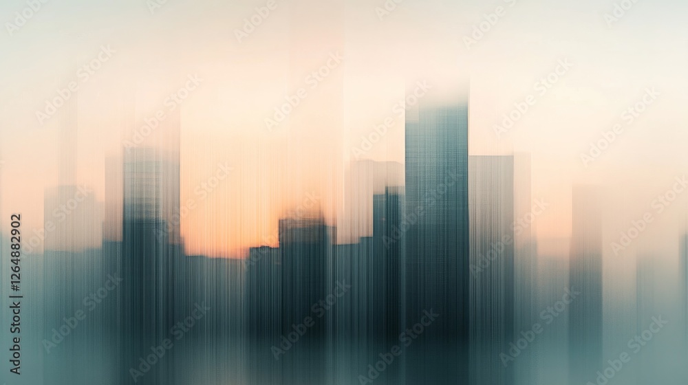 Fototapeta premium blurred urban panorama, highrise building view, soft focus architecture, morning sun rays, glass window reflections, modern city aesthetic, foggy cityscape, elegant skyscraper silhouettes, peaceful