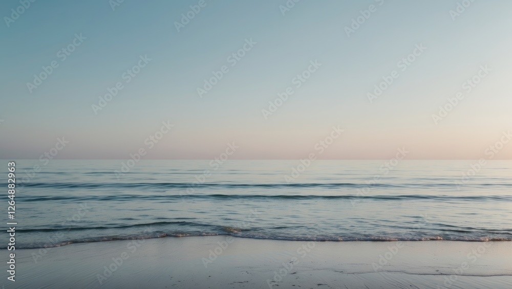 Serene ocean view with gentle waves on sandy beach at twilight with soft pastel sky and reflective water surface Copy Space Serene ocean view with gentle waves on sandy beach at twilight with soft pastel sky and reflective water surface Copy Space