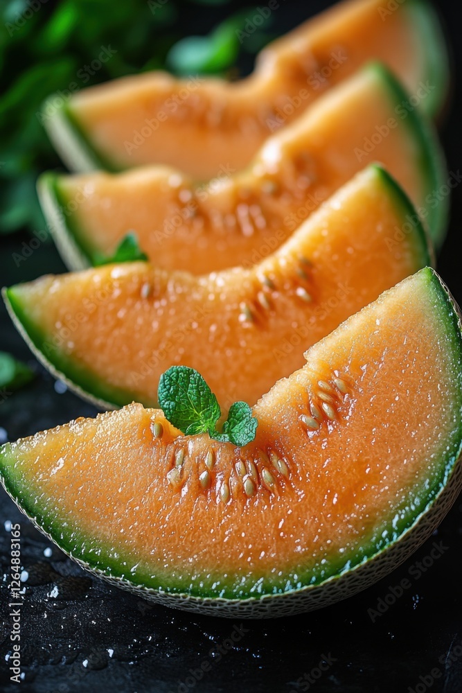 Juicy sliced cantaloupe melon with fresh mint garnish on a dark background Juicy sliced cantaloupe melon with fresh mint garnish on a dark background